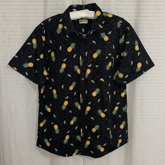 HAGGAR XXL Black Ivory Pineapple Lime Short Sleeve Button Front Shirt - Picture 1 of 10